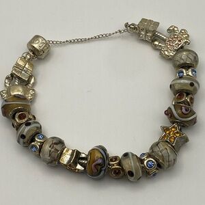 European 925 Silver Snake Chain 7” Bracelet w/19 Charms